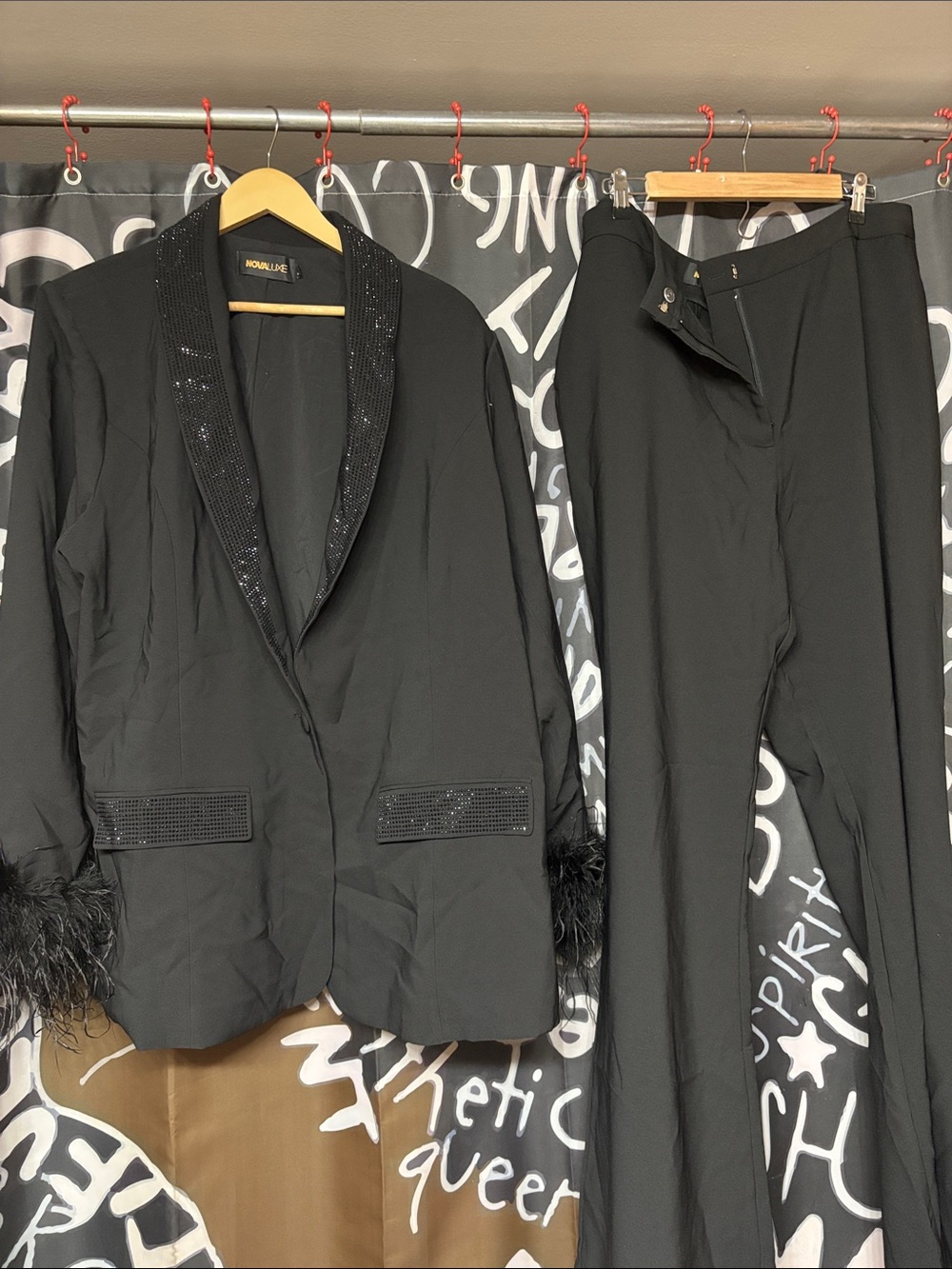Fashion Nova Black Sequin-Trim Blazer with Feather Cuffs & Matching Black Pants